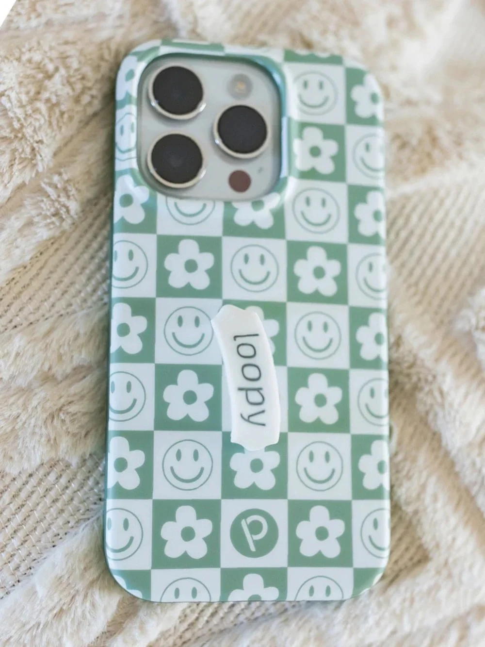 Loopy Sage Green & White Checker Smile + Flower iPhone 15 pro max case